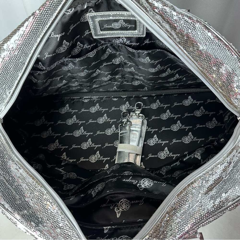 Joan Boyce Silver Sequin Weekender Travel Bag Glam Overnight NWT - Picture 12 of 16